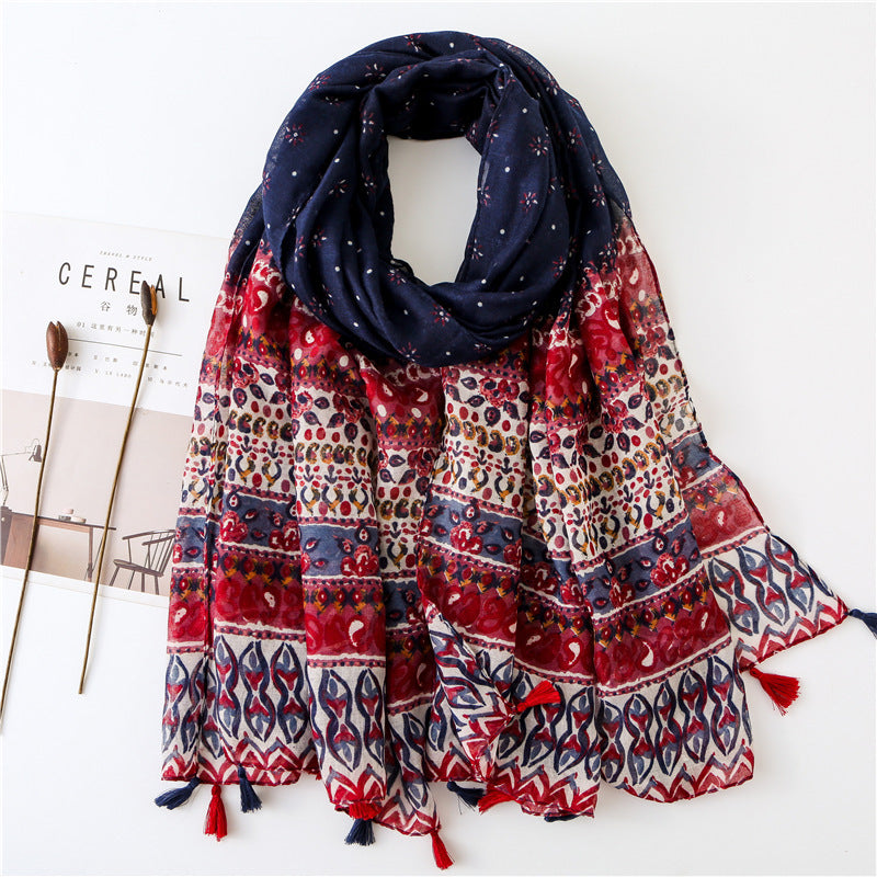 Japanese Literary And Artistic Fresh Cotton And Linen Scarf Retro Patchwork Bohemian Cashew Print Silk Scarf Beautiful Sunscreen Scarf