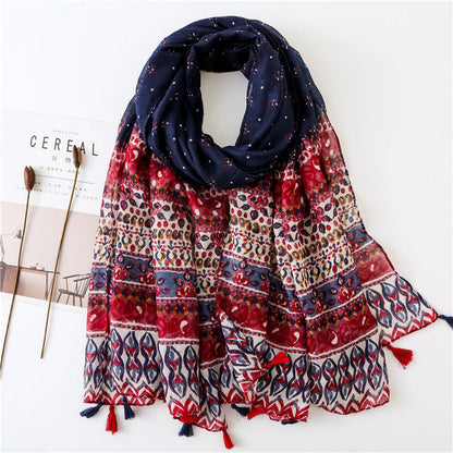 Japanese Literary And Artistic Fresh Cotton And Linen Scarf Retro Patchwork Bohemian Cashew Print Silk Scarf Beautiful Sunscreen Scarf