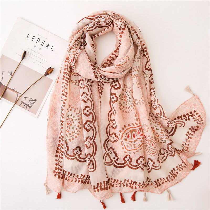 Japanese Literary And Artistic Fresh Cotton And Linen Scarf Retro Patchwork Bohemian Cashew Print Silk Scarf Beautiful Sunscreen Scarf