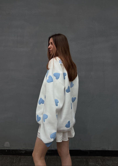 White Sweatshirt Soft Fabric Blue Heart Appliques