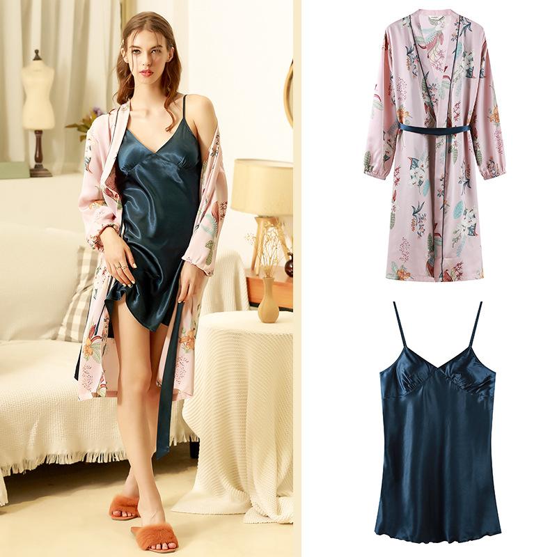 Suspender Ice Silk Solid Color Nightdress Set Printing Long Sleeve Nightgown Autumn And Winter Sexy Two Piece Set With Belt Pad
