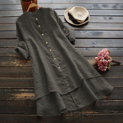 Summer Women'S Solid Button Cotton Linen Long Sleeve Long Shirt Dress