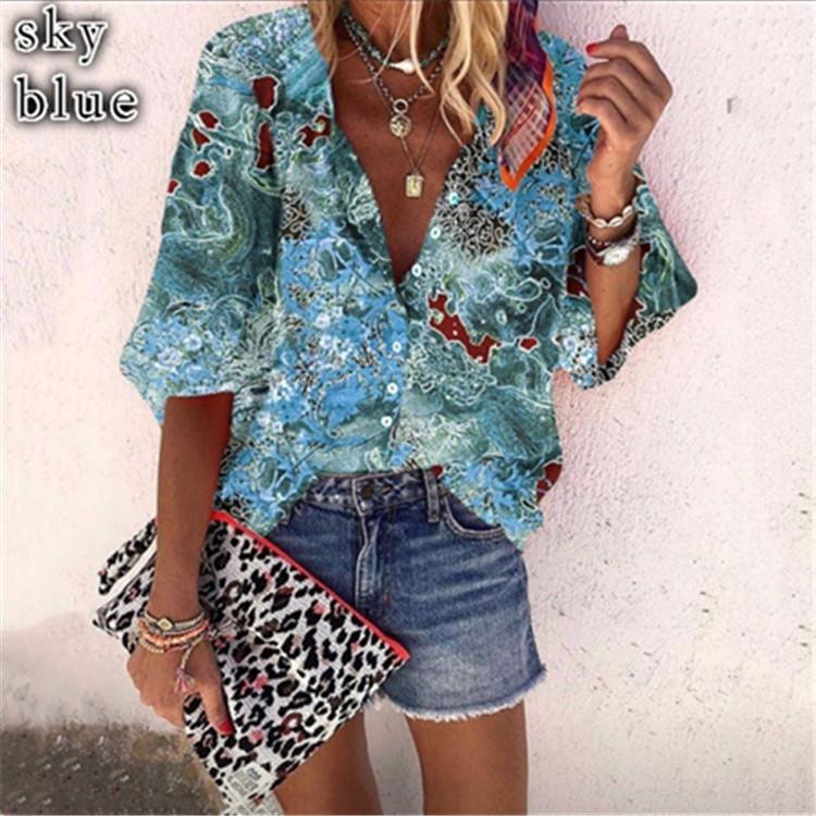 New Style Multicolor Printed Casual Women'S Shirt With 9-Point Sleeves