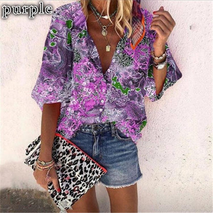 New Style Multicolor Printed Casual Women'S Shirt With 9-Point Sleeves