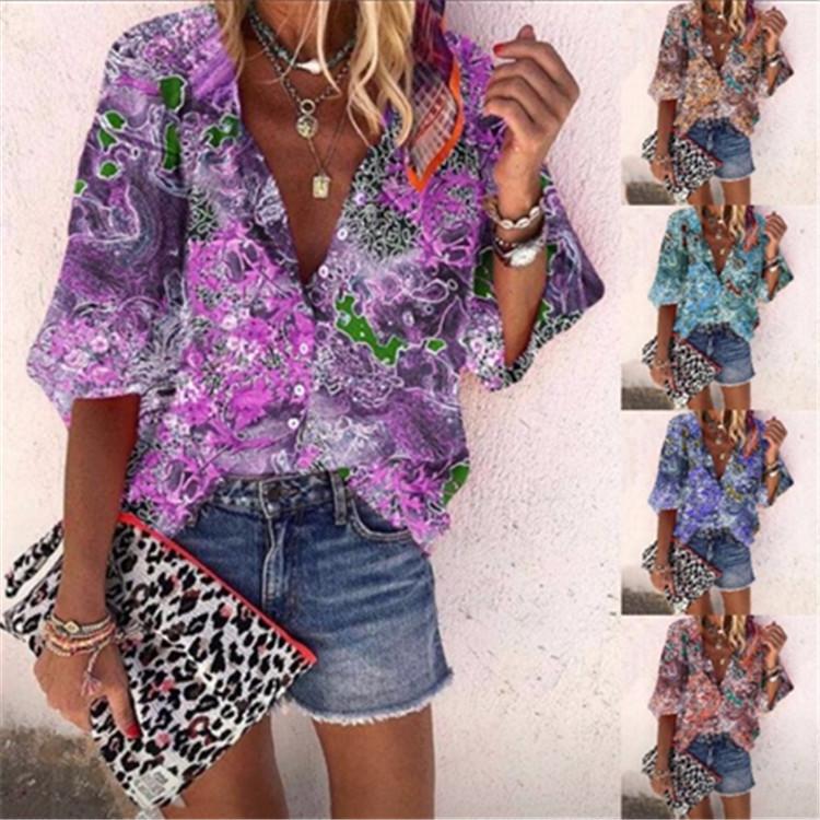 New Style Multicolor Printed Casual Women'S Shirt With 9-Point Sleeves