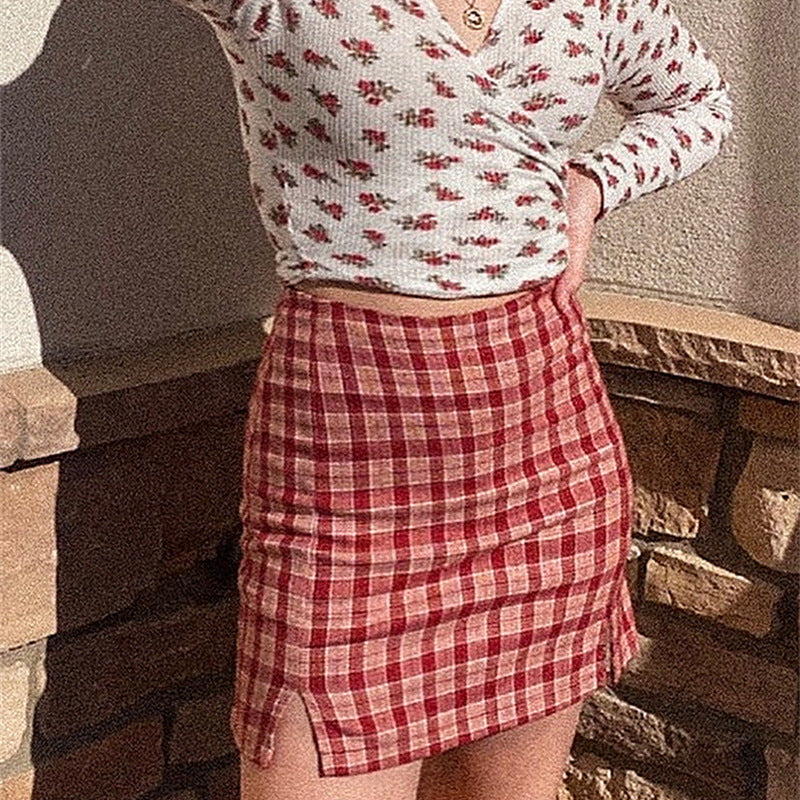 Spring And Summer Fashion Joker Pink Plaid Half-Length Hip Skirt
