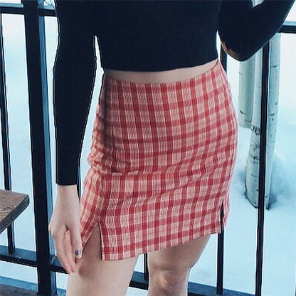 Spring And Summer Fashion Joker Pink Plaid Half-Length Hip Skirt