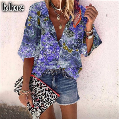 New Style Multicolor Printed Casual Women'S Shirt With 9-Point Sleeves