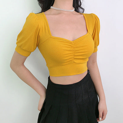 Spring And Summer Women'S Fashion Pit Pleated Palace Style Bubble Sleeve Open Navel Top