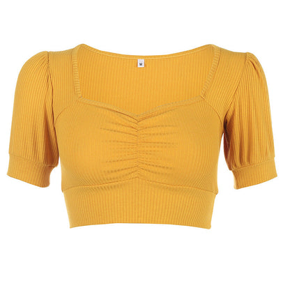 Spring And Summer Women'S Fashion Pit Pleated Palace Style Bubble Sleeve Open Navel Top