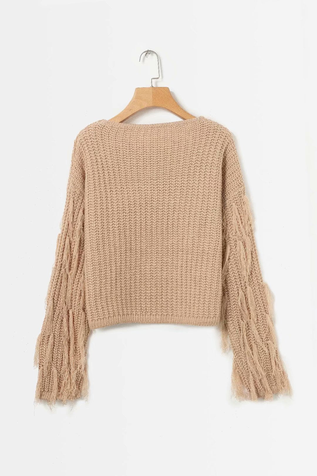 Solid Color Round Neck Long Sleeve Tassel Sweater