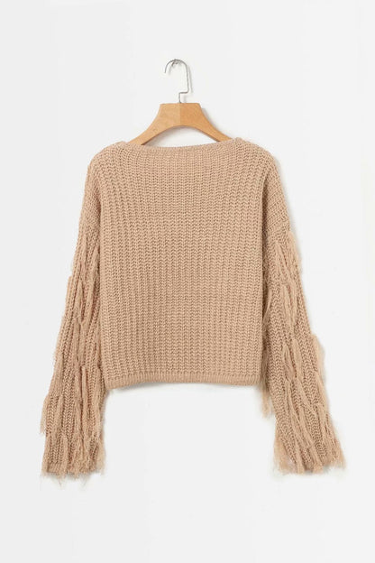 Solid Color Round Neck Long Sleeve Tassel Sweater