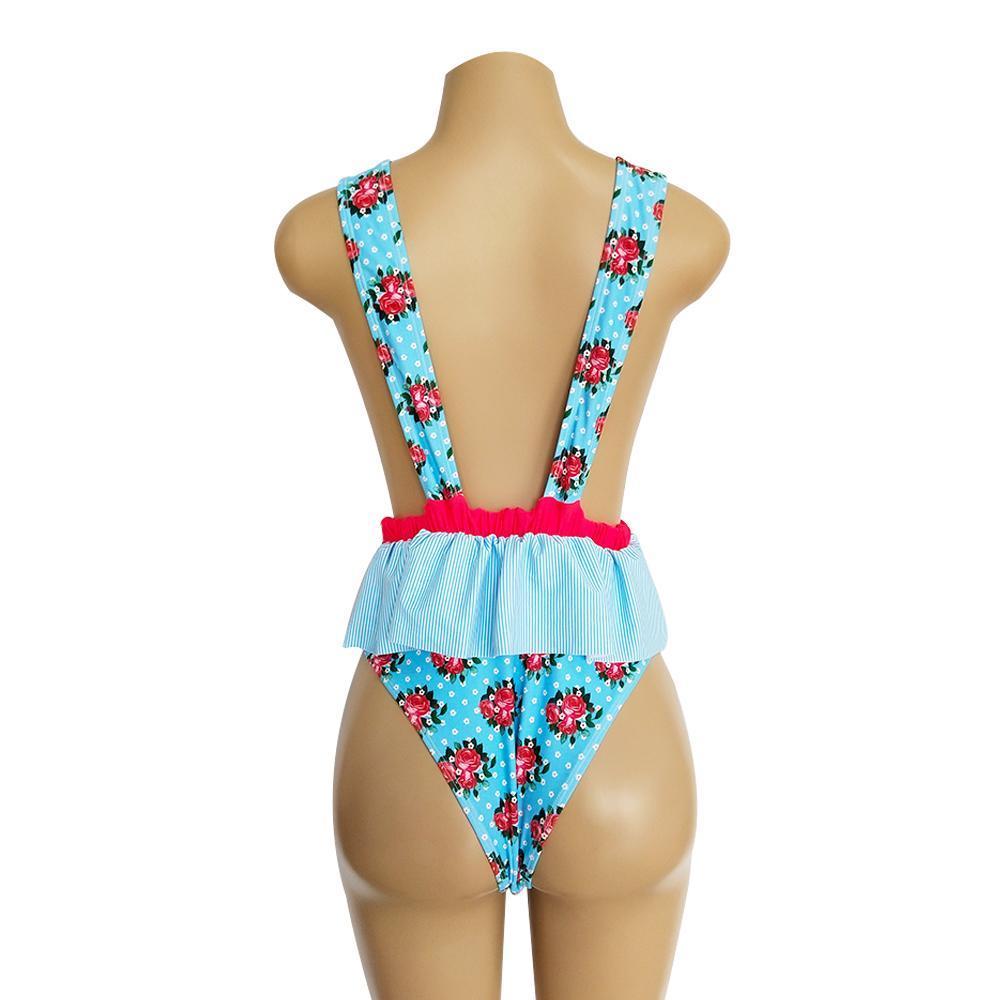 Ruffled Waist Print V-Neck Bow Ins Style One Piece Swimsuit
