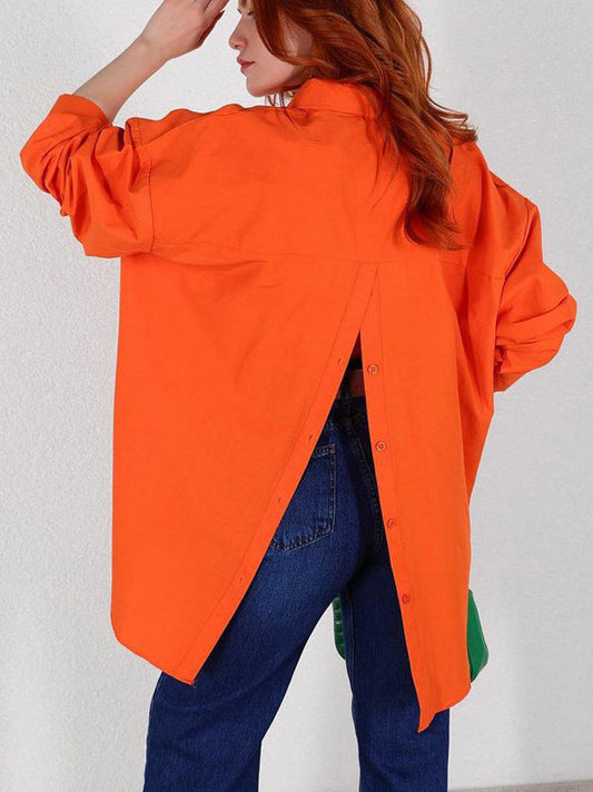 Loose Solid Color Split-Back Long Sleeves Blouses