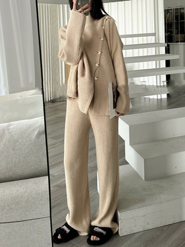 Casual Loose Solid Color Half Turtleneck Sweater Tops & Wide Leg Pants Suits