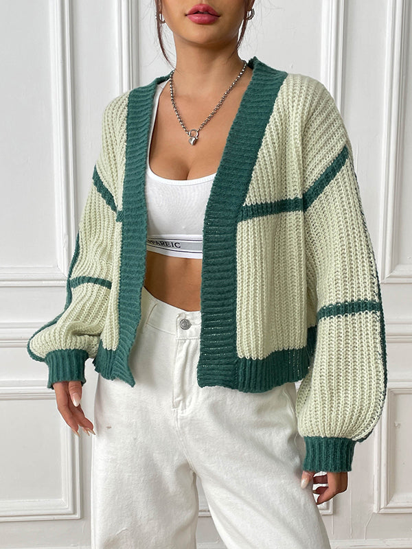 Long Sleeves Loose Contrast Color Cardigan Sweater Tops