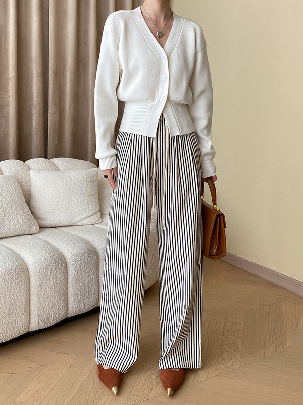 High Waisted Wide Leg Contrast Color Elasticity Split-Joint Striped Pants Trousers