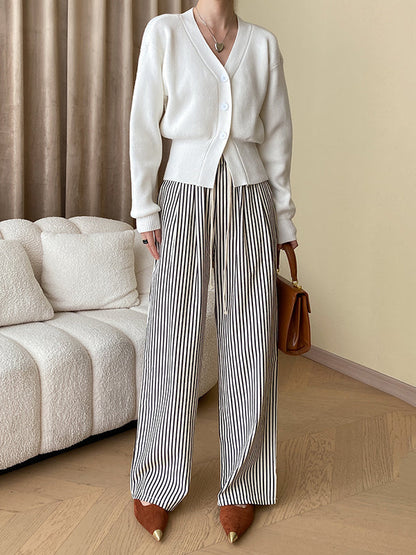 High Waisted Wide Leg Contrast Color Elasticity Split-Joint Striped Pants Trousers
