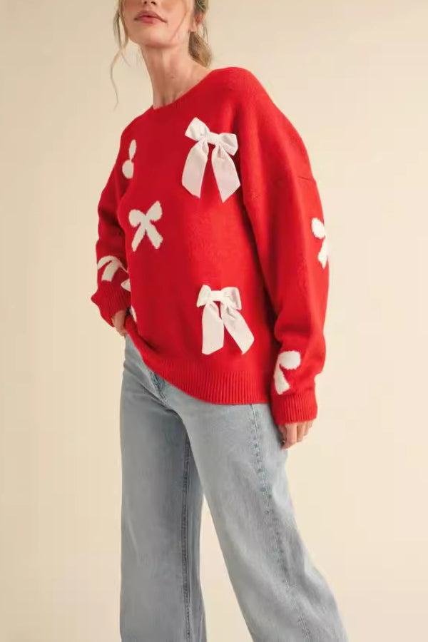 ROUND NECK SWEET LOOSE TURTLENECK BOW SWEATER KNITWEAR