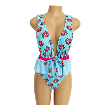 Ruffled Waist Print V-Neck Bow Ins Style One Piece Swimsuit