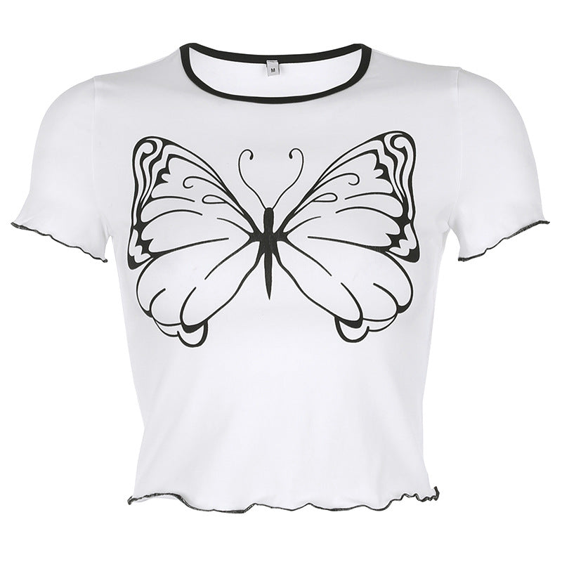 Spring And Summer Simple Joker A Big Butterfly Printed Short Sleeve Top