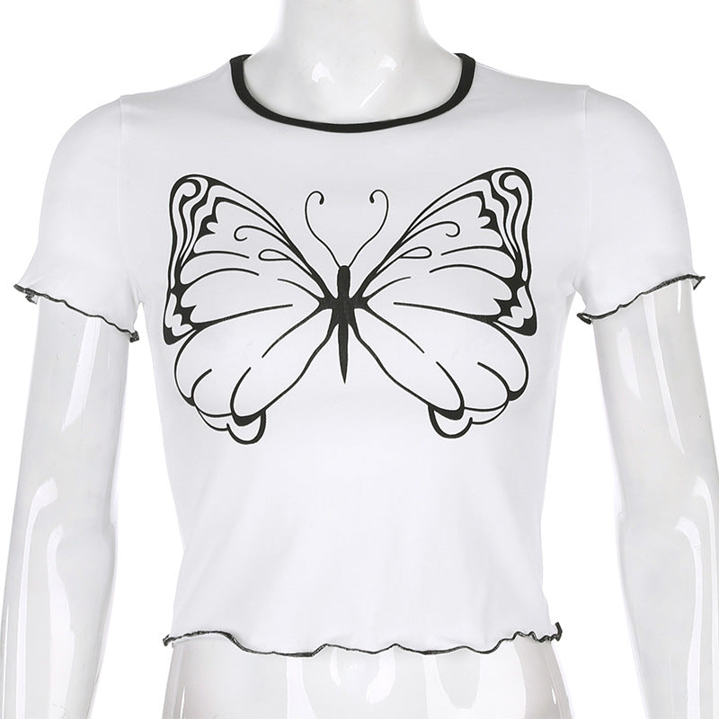 Spring And Summer Simple Joker A Big Butterfly Printed Short Sleeve Top