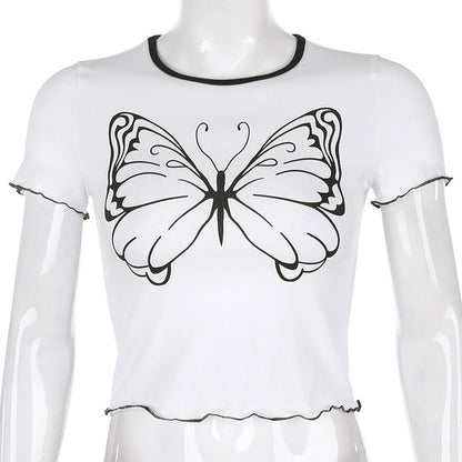 Spring And Summer Simple Joker A Big Butterfly Printed Short Sleeve Top