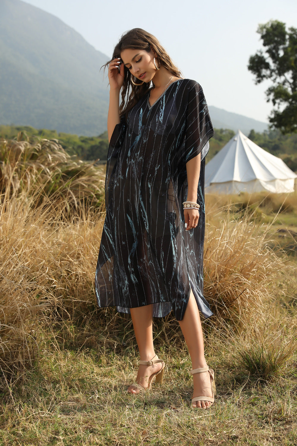 Summer Women'S Beach Sun Protection Bikini Blouse Printed V-Neck Bat Sleeve Dress