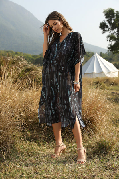 Summer Women'S Beach Sun Protection Bikini Blouse Printed V-Neck Bat Sleeve Dress