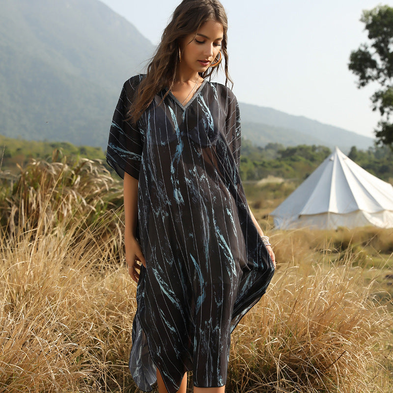 Summer Women'S Beach Sun Protection Bikini Blouse Printed V-Neck Bat Sleeve Dress