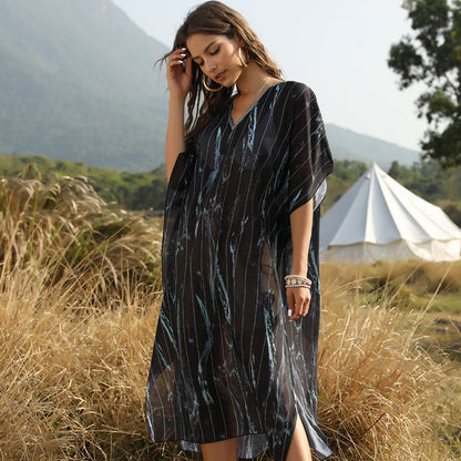 Summer Women'S Beach Sun Protection Bikini Blouse Printed V-Neck Bat Sleeve Dress