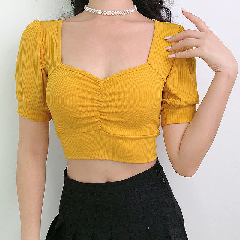 Spring And Summer Women'S Fashion Pit Pleated Palace Style Bubble Sleeve Open Navel Top