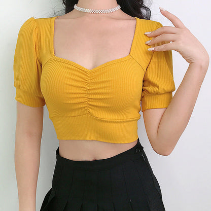 Spring And Summer Women'S Fashion Pit Pleated Palace Style Bubble Sleeve Open Navel Top