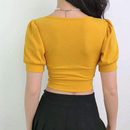Spring And Summer Women'S Fashion Pit Pleated Palace Style Bubble Sleeve Open Navel Top