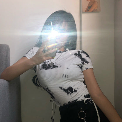 Women Tshirts Pleated Drawstring Streetwear Short Sleeve Crop Tops Casual Basic Shirts Summer T-Shirt