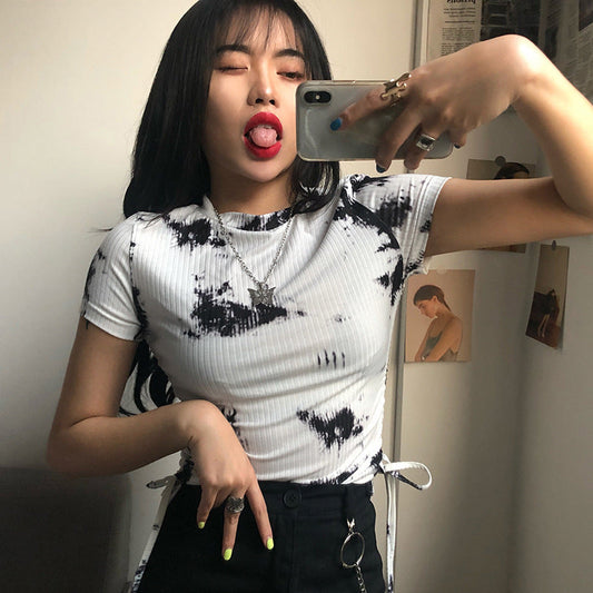Women Tshirts Pleated Drawstring Streetwear Short Sleeve Crop Tops Casual Basic Shirts Summer T-Shirt