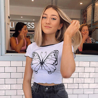 Spring And Summer Simple Joker A Big Butterfly Printed Short Sleeve Top