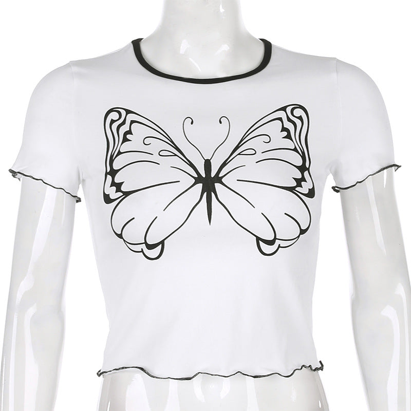Spring And Summer Simple Joker A Big Butterfly Printed Short Sleeve Top
