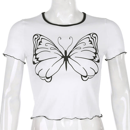 Spring And Summer Simple Joker A Big Butterfly Printed Short Sleeve Top