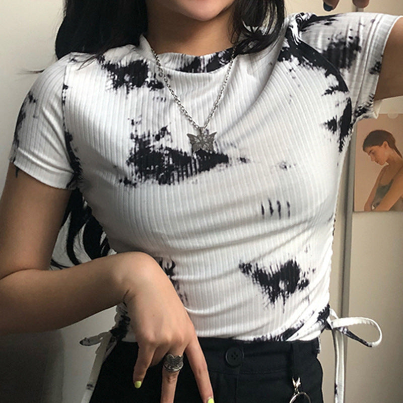 Women Tshirts Pleated Drawstring Streetwear Short Sleeve Crop Tops Casual Basic Shirts Summer T-Shirt
