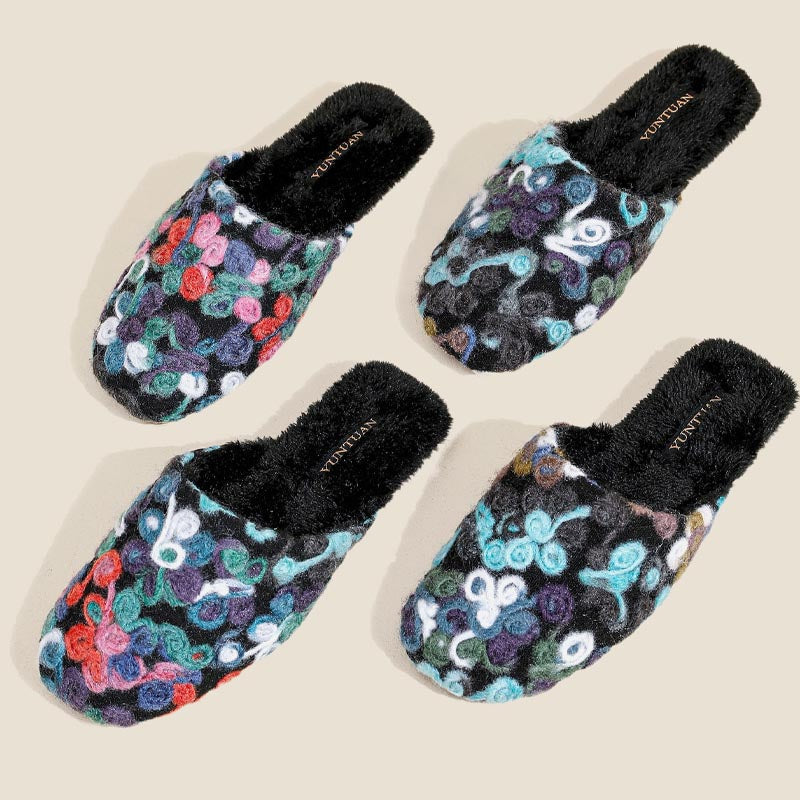 Flower Embroidery Soft Warm Plush Indoor Slippers