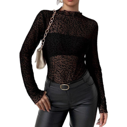 Trendy Mock Neck Mesh Slim Blouse