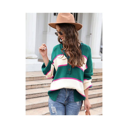 Casual Long Sleeves Loose Striped V-Neck Sweater Tops