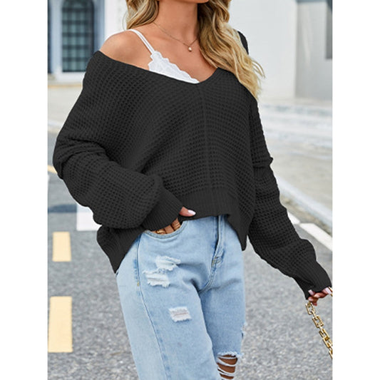 Batwing Sleeves Loose Fringed Solid Color Split-Joint V-Neck Sweater