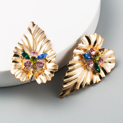 Exaggerated Heart-Shaped Alloy Earrings with Colorful Rhinestones