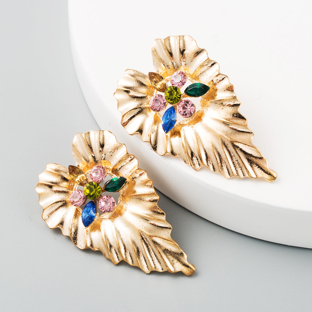 Exaggerated Heart-Shaped Alloy Earrings with Colorful Rhinestones