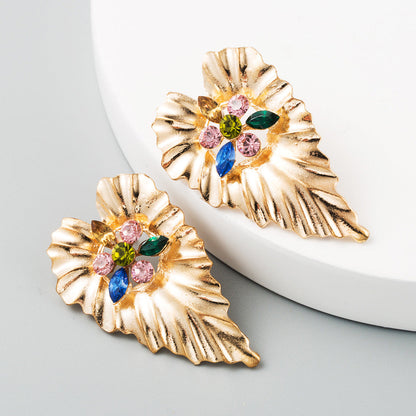 Exaggerated Heart-Shaped Alloy Earrings with Colorful Rhinestones