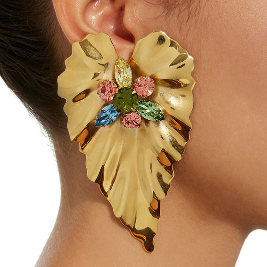 Exaggerated Heart-Shaped Alloy Earrings with Colorful Rhinestones