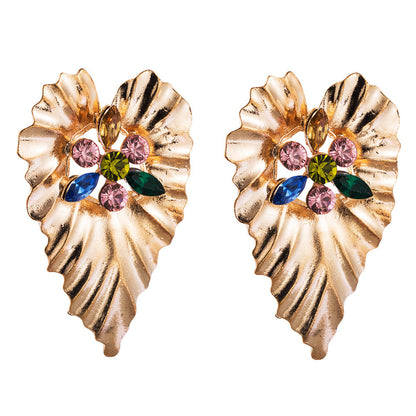 Exaggerated Heart-Shaped Alloy Earrings with Colorful Rhinestones