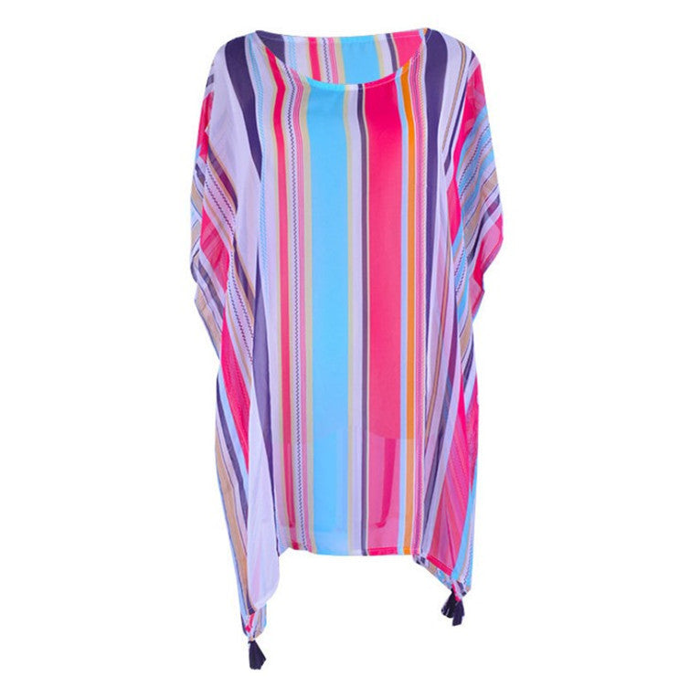 Chiffon Multicolor Stripe Beach Sun Proof Shirt With Resort Dress And Bikini Swimwear Blouse